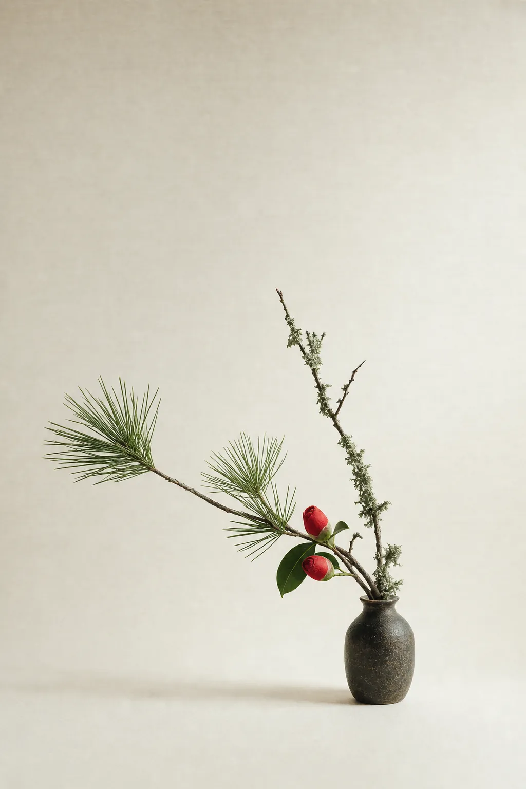 小さな花器に、紅い椿の蕾ふたつと松の若枝。白緑の苔をあしらった最小限の取り合わせ